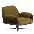 Olive Green Upholstered Lounge Chair With Rounded Armrests Wooden Frame And Metal Swivel Base