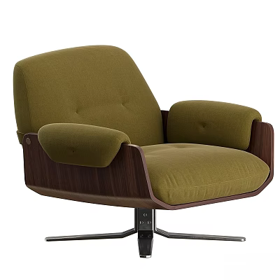 Olive Green Upholstered Lounge Chair With Rounded Armrests Wooden Frame And Metal Swivel Base 3d model