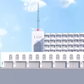 Modern White Office Building With Tall Tower And Red Logo Exterior