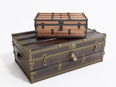 Two Vintage Wooden Trunks in Different Sizes with Metal Hardware Stacked 3d model
