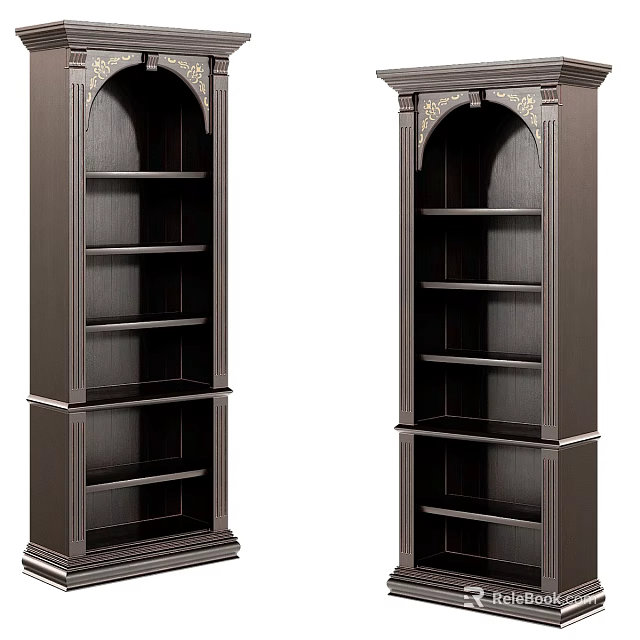 Pair of Dark Wooden Bookcase with Classic Design Ornate Top and Tiered Shelves 3d model 