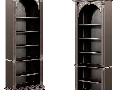 Pair of Dark Wooden Bookcase with Classic Design Ornate Top and Tiered Shelves 3d model