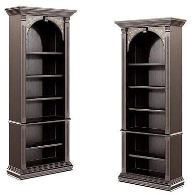 Pair of Dark Wooden Bookcase with Classic Design Ornate Top and Tiered Shelves 3d model