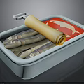 Canned Fish Container With Red Label And Yellow Oil Roll Inside