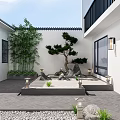 Serene Traditional Courtyard Garden With White Walls Bamboo Pine Tree Stone Lanterns And Paved Ground