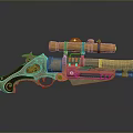 Vintage Weapon Pistol Featuring Gold Accents Red Grip Brass Scope And Intricate Engravings