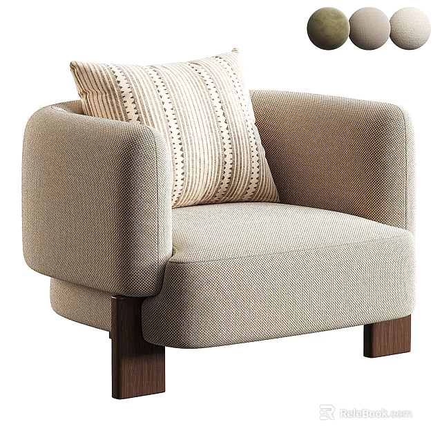 Cozy Modern Single Sofa in Beige Fabric with Woven Textured Pillow and Wooden Legs 3d model 