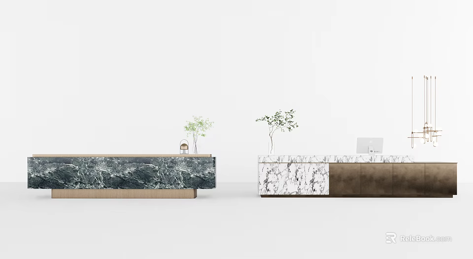 Modern Reception Desk Interior With Marble Countertop Wooden Base Decorative Plants And Computer 3d model 