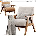 Gray Fabric Accent Chair With Wooden Armrests Patterned Pillow And Herringbone Blanket
