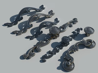 Silver Decorative Door Handles With Intricate Patterns And Various Metallic Styles 3d model