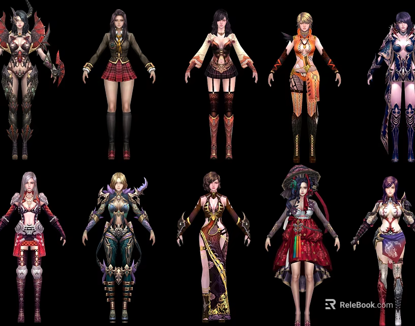 Game and Movie Characters with Diverse Fantasy Costumes and Armor Designs 3d model 