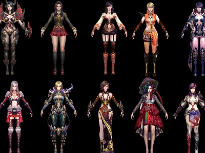 Game and Movie Characters with Diverse Fantasy Costumes and Armor Designs 3d model