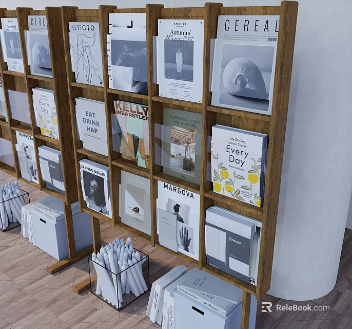 Books And Magazines Collection On Wooden Shelf With Various Cover Designs 3d model 