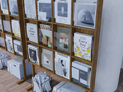 Books And Magazines Collection On Wooden Shelf With Various Cover Designs 3d model