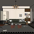 Modern Living Room Interior With Green Sofa Black White Cushions Wooden Coffee Table And Chandelier