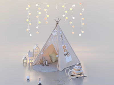 Teepee Tent Decorated With String Lights Snowflake Ornaments Soft Pillow Mini Houses And Wooden Sled 3d model