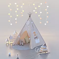 Teepee Tent Decorated With String Lights Snowflake Ornaments Soft Pillow Mini Houses And Wooden Sled