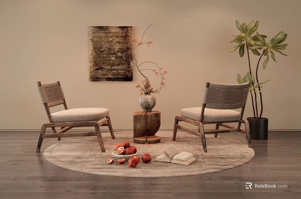 Leisure Chairs Woven Wooden Legs Cushioned Seats Round Rug Vase Potted Plant And Wall Art 3d model 