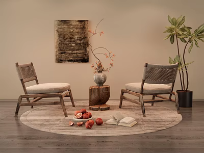 Leisure Chairs Woven Wooden Legs Cushioned Seats Round Rug Vase Potted Plant And Wall Art 3d model