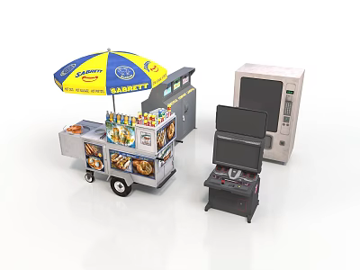 Colorful Mobile Food Cart With Umbrella Snack Display Vending Machine And Arcade Game 3d model