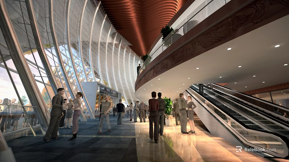 Bright Shopping Mall Lobby With Red Ceiling Curved Glass Escalator And People 3d model 
