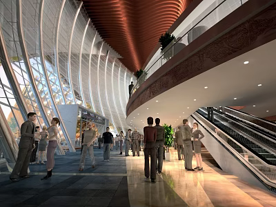 Bright Shopping Mall Lobby With Red Ceiling Curved Glass Escalator And People 3d model