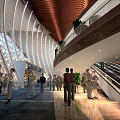 Bright Shopping Mall Lobby With Red Ceiling Curved Glass Escalator And People