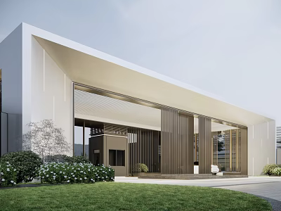 Modern Architectural Entrance Gate Design With White Exterior Wooden Elements And Greenery 3d model