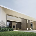 Modern Architectural Entrance Gate Design With White Exterior Wooden Elements And Greenery