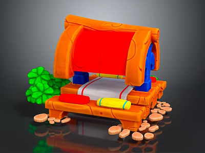 Cartoon Hut Scene With Orange Roof Red Cover Blue Supports Green Plants And Orange Stones 3d model