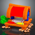 Cartoon Hut Scene With Orange Roof Red Cover Blue Supports Green Plants And Orange Stones