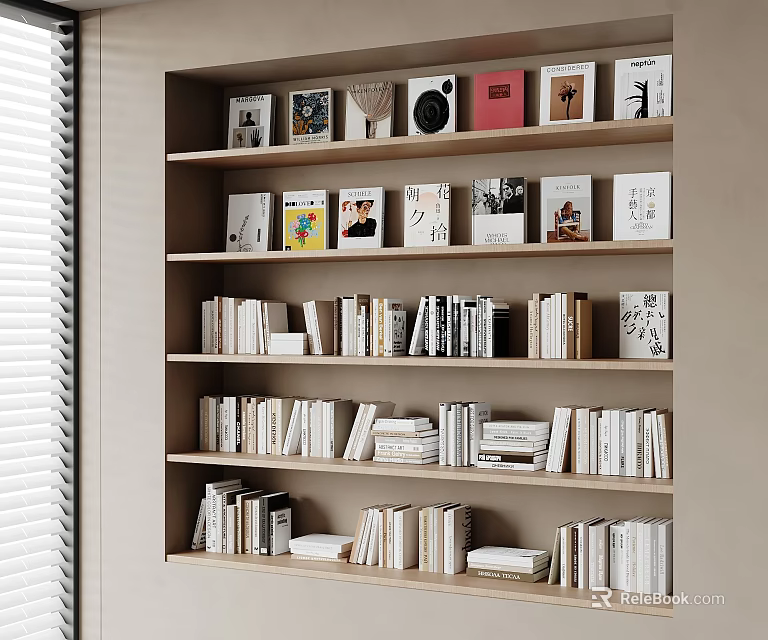 Modern Bookshelf Interior With Various Books Magazines Decorative Frames And Vinyl Records 3d model 