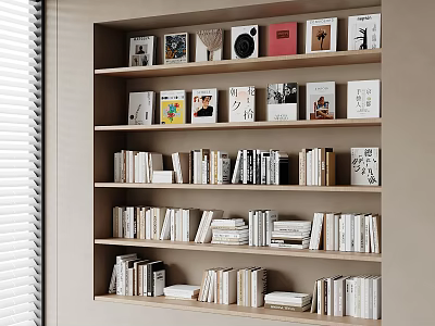 Modern Bookshelf Interior With Various Books Magazines Decorative Frames And Vinyl Records 3d model