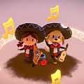 Happy Cartoon Girl and Dog in Sombreros Playing Harp Guitar with Music Notes and Rose