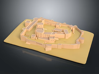 Detailed Architectural Castle Model With Walls Towers And Structures On Yellow Display Base 3d model