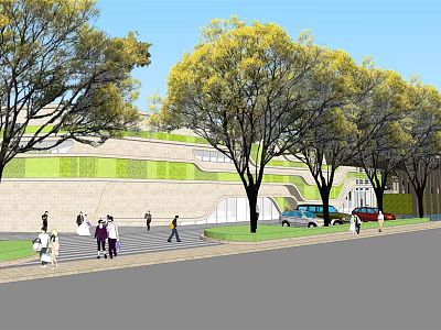 Residential Landscape Design Featuring Modern Building Green Wall Trees And Pedestrians 3d model