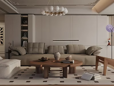 Modern Living Room Interior Design With Gray Sofa Wooden Coffee Table White Chandelier And Cabinets 3d model