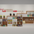 Wooden Bookcase with Multiple Shelves Filled with Books Decorative Plants and Reading Area