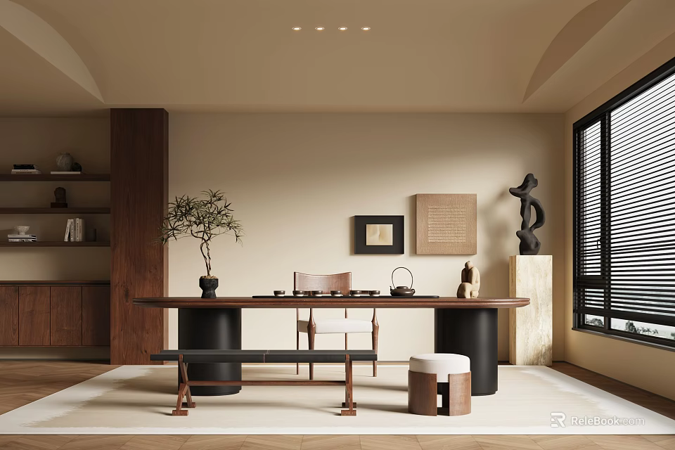 Modern Tea Room Interior With Wooden Table Chairs Tea Sets Potted Plant And Decorative Art 3d model 