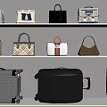 Stylish Handbags And Suitcases Displayed On White Shelves With Assorted Designs