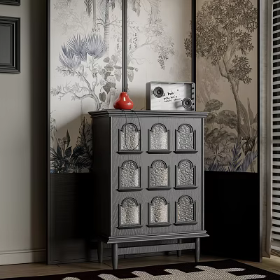 Black Entryway Side Cabinet With Carved Lattice Doors And Red Vase Decor 3d model