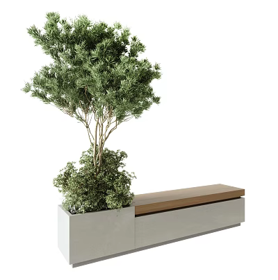 Modern Landscape Seating With Concrete Planter Wooden Top And Green Plants 3d model