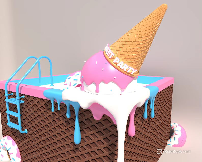 Art Installation Featuring Giant Ice Cream Cone With Melting Pink Cream And Waffle Pool Structure 3d model 