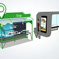 Green Sign Bus Stop With Transparent Shelter Bench And Information