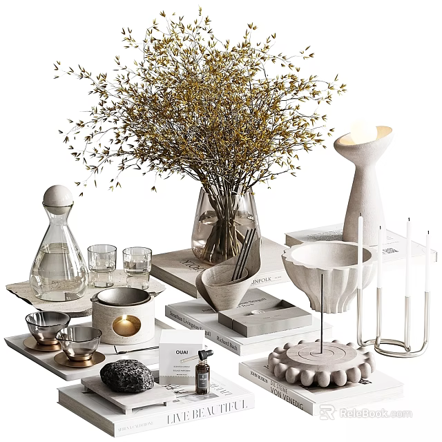 Stylish Decorative Ornament Set With Dried Flowers Vase Candles Trays And Cups For Home Decor 3d model 