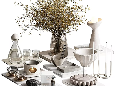 Stylish Decorative Ornament Set With Dried Flowers Vase Candles Trays And Cups For Home Decor 3d model