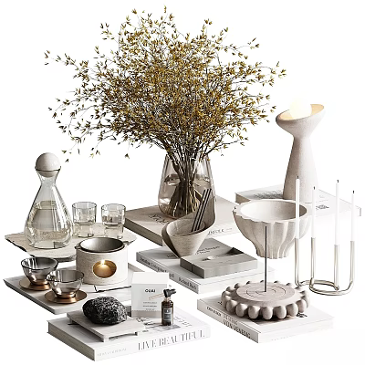 Stylish Decorative Ornament Set With Dried Flowers Vase Candles Trays And Cups For Home Decor 3d model