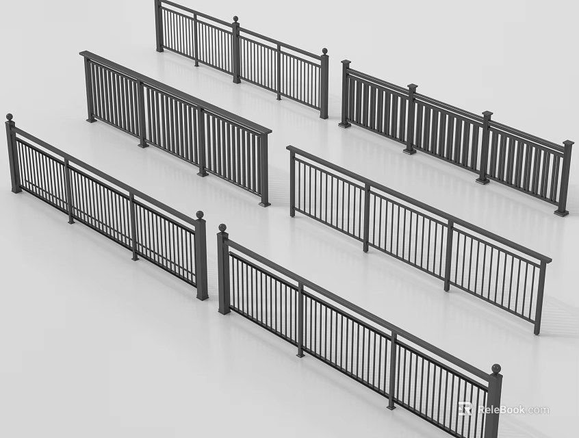 Black Metal Fence Designs With Various Railing Patterns And Decorative Posts 3d model 