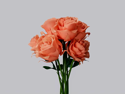 Elegant Vase with Bunch of Orange Roses and Green Stems Leaves on Gray Background 3d model