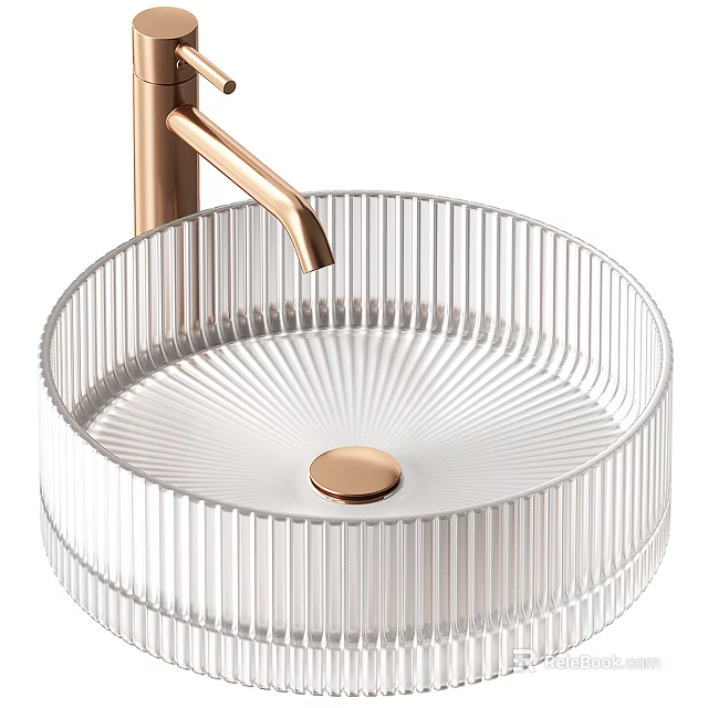 Round Transparent Ribbed Design Wash Basin With Copper Faucet And Gold Drain 3d model 